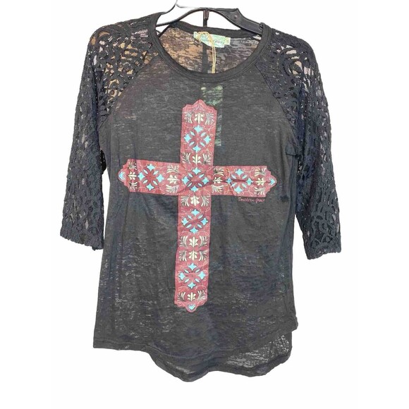 Southern Grace Black Lace & Maroon Blk Glitter Floral Cross Burnout Shirt Size S - Picture 2 of 9